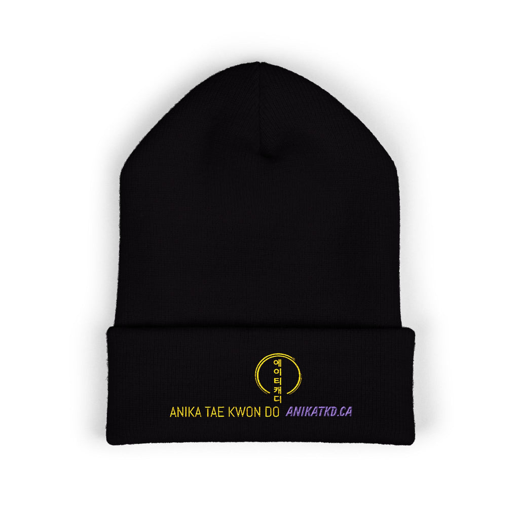 Embroidered Classic Cuffed Beanie — Gold Smile Logo & Text