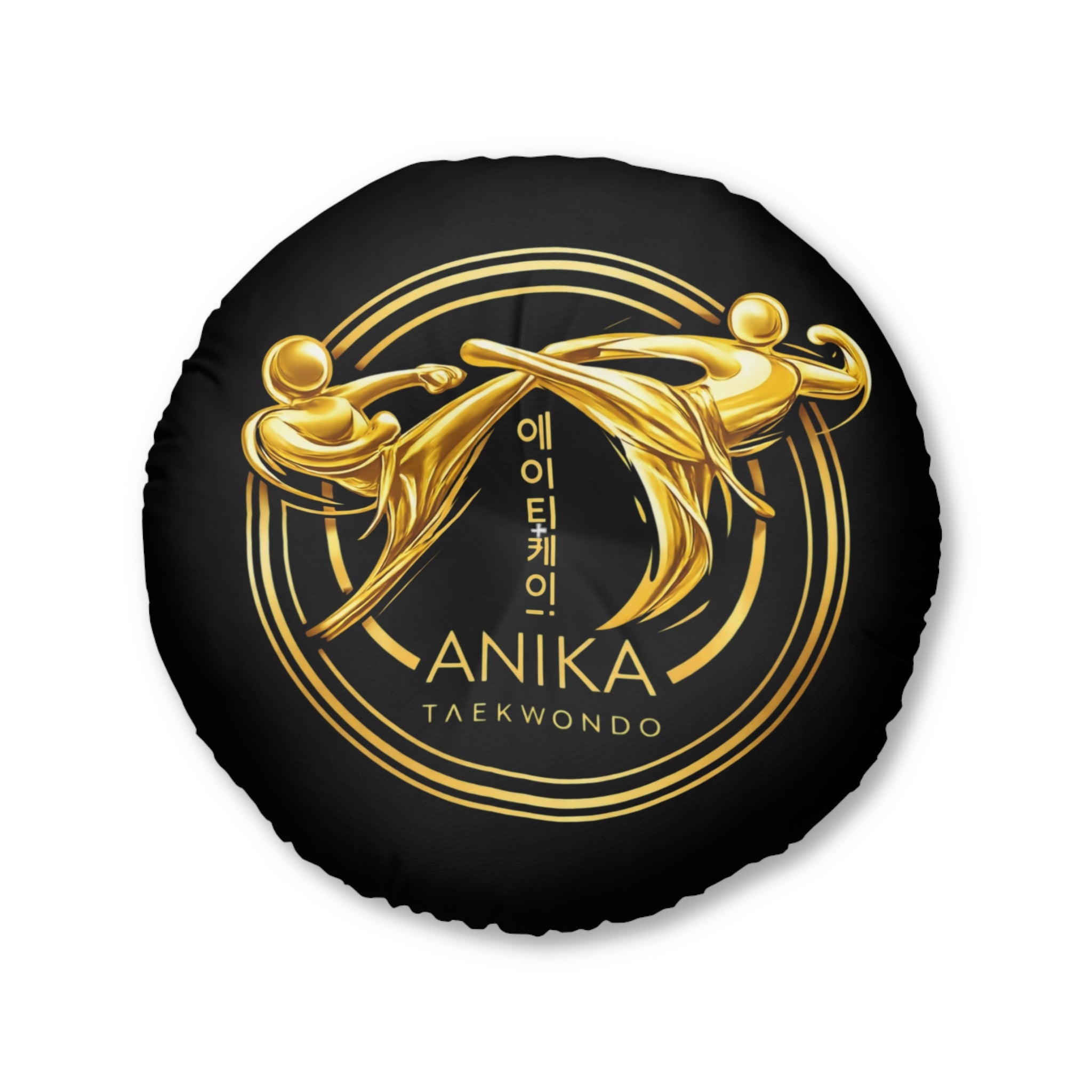 Anika Taekwondo Round Tufted Floor Pillow — Gold Martial Arts Emblem