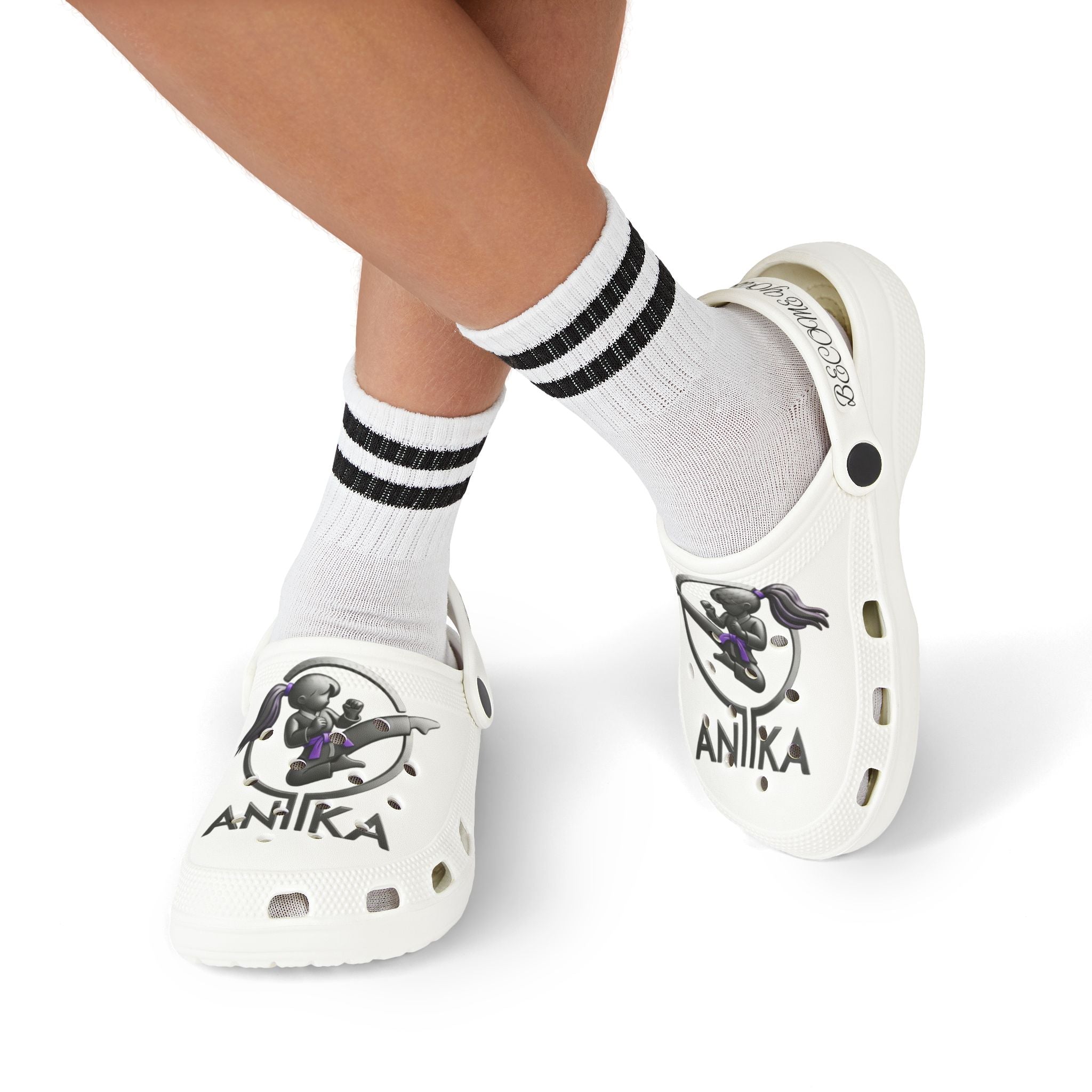 Kids White EVA Clogs — Cute Black Cat Graphic with 'Anika' Name