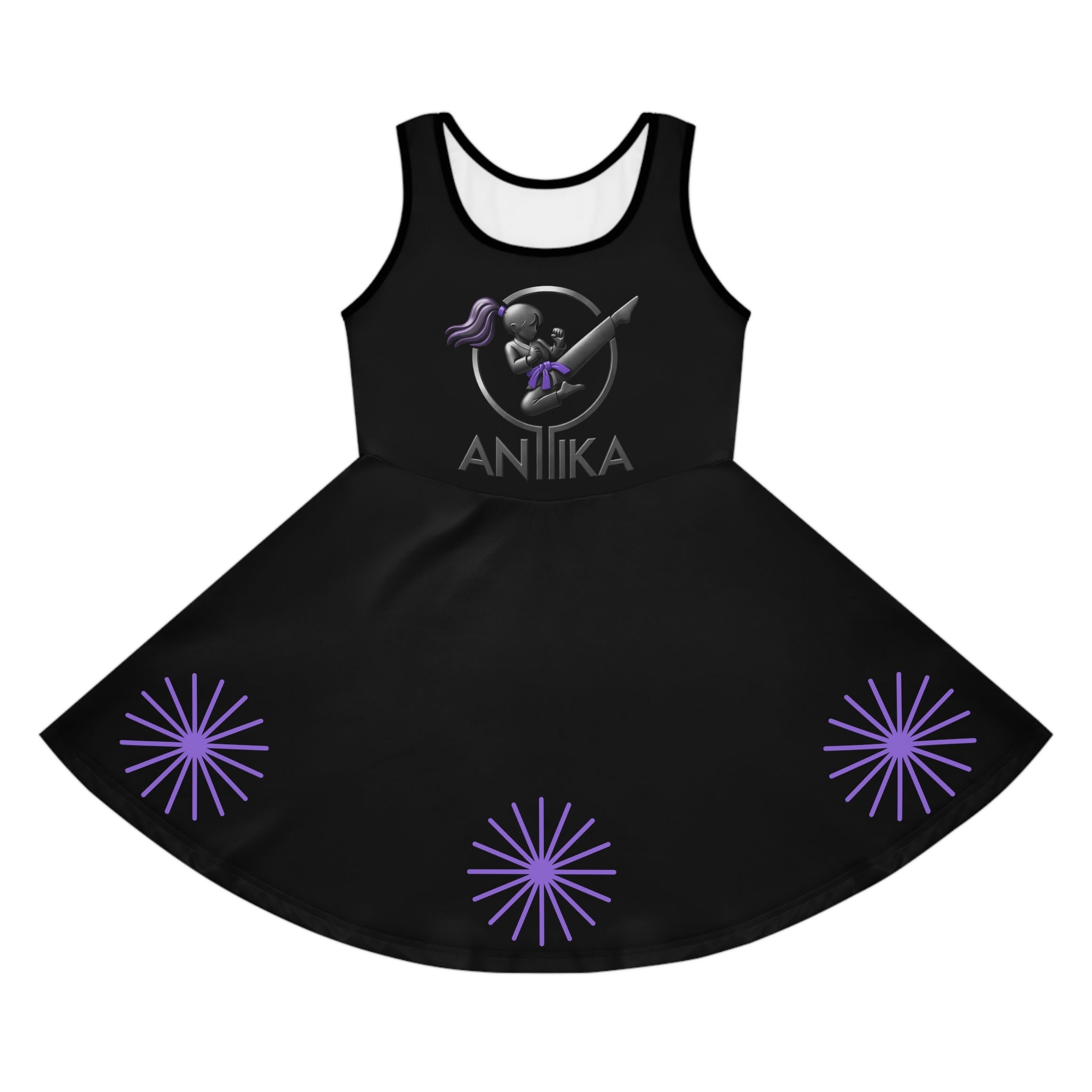 Kicking Anika Logo Dress | Girls Sundress with Purple Starbursts