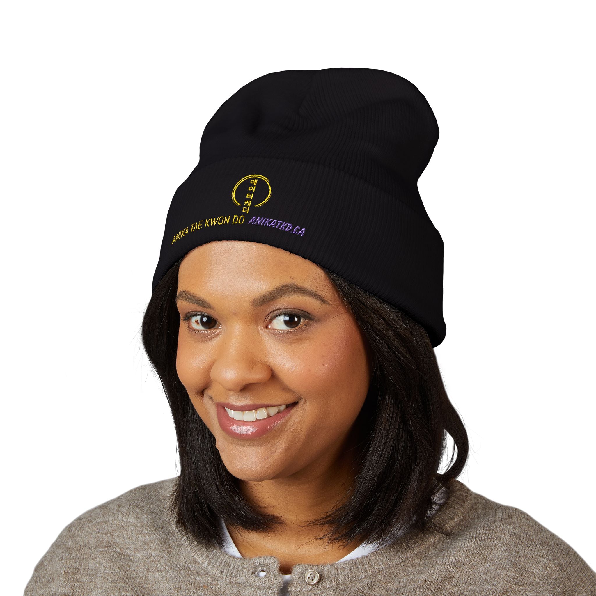 Embroidered Classic Cuffed Beanie — Gold Smile Logo & Text