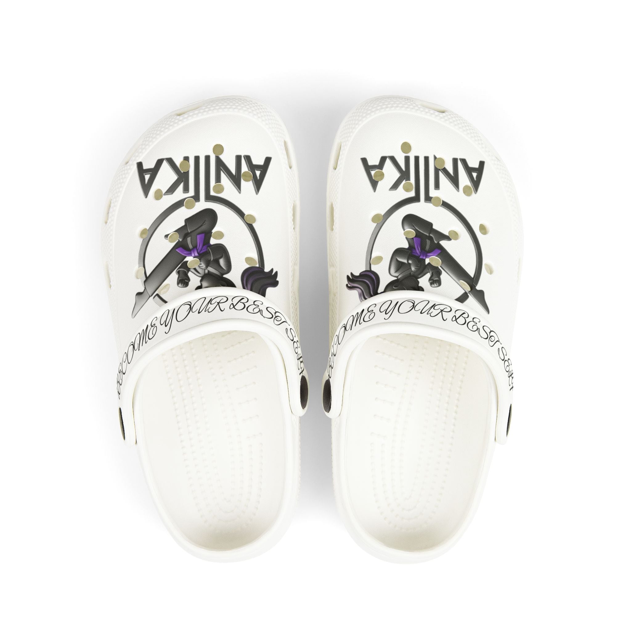 Kids White EVA Clogs — Cute Black Cat Graphic with 'Anika' Name