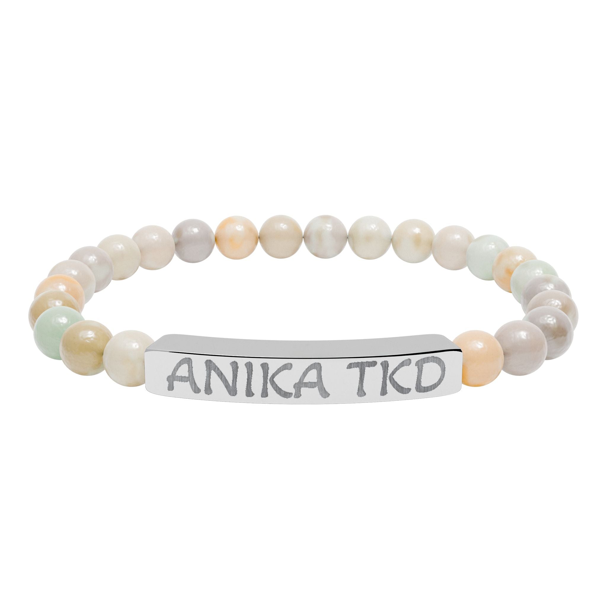 Engraved Natural Stone Stretch Bar Bracelet — Personalized Name Bead Bracelet