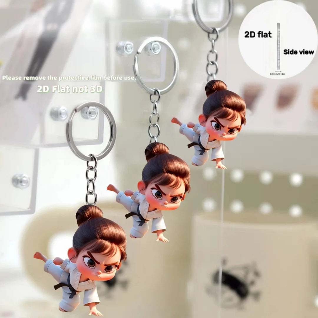 Cute Karate Girl Pendant Keychain,Sports Theme 2D Flat Acrylic Ornament Charms,Hanging Decoration for Car,Bag,Festive,Party,Gift