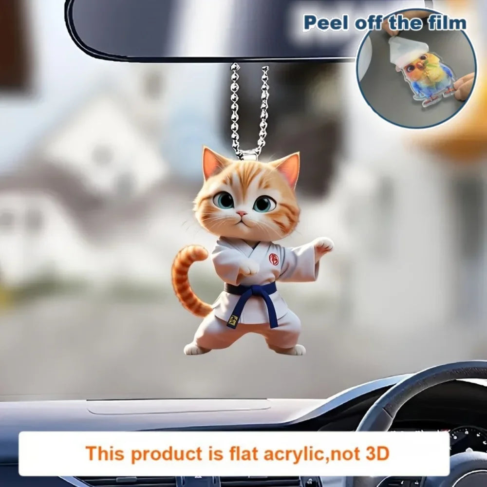 2D Cartoon Judo Kitten Keychain Cute Dressed Cat Pendant Unique Flat Acrylic Hanging Charm,Decor for Car,Bags,Festive,Party,Gift