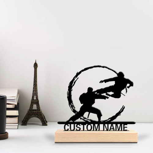 1pc Fashion Personalized Custom Taekwondo Wushu Metal Statues Metal Art With Wooden Base Suitable For Office, Bedroom, Living Ro
