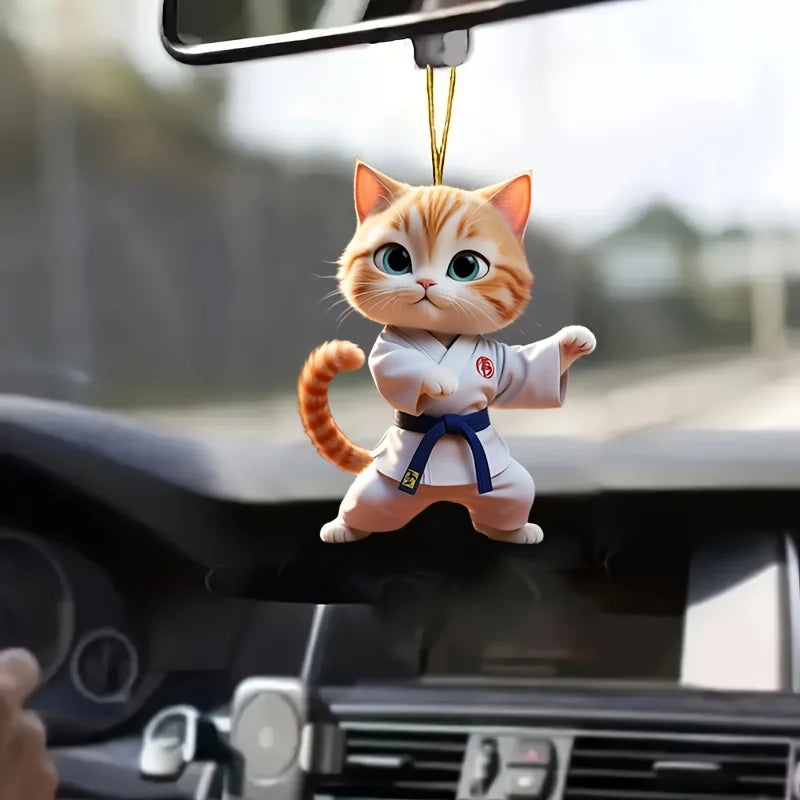 2D Cartoon Judo Kitten Keychain Cute Dressed Cat Pendant Unique Flat Acrylic Hanging Charm,Decor for Car,Bags,Festive,Party,Gift