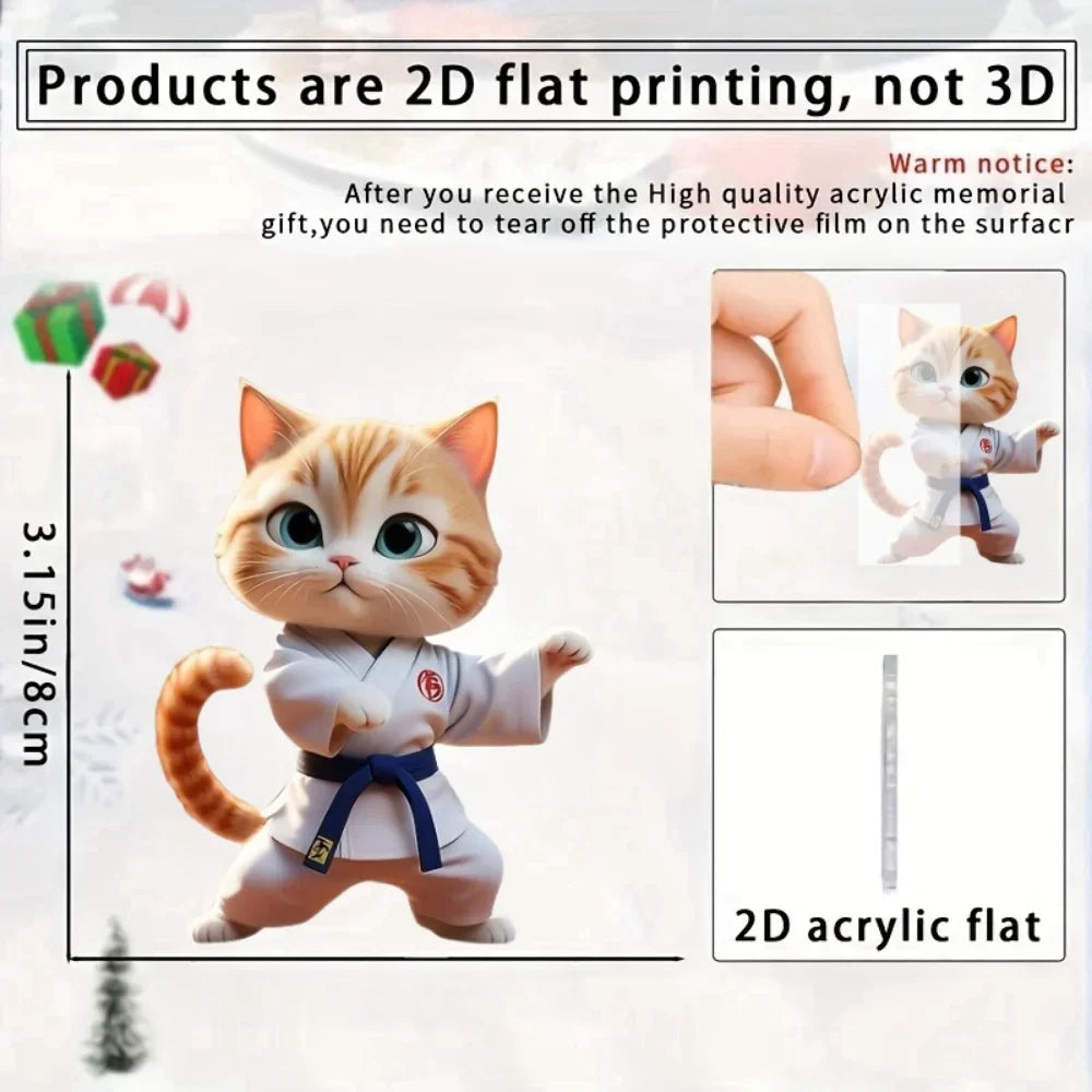 2D Cartoon Judo Kitten Keychain Cute Dressed Cat Pendant Unique Flat Acrylic Hanging Charm,Decor for Car,Bags,Festive,Party,Gift