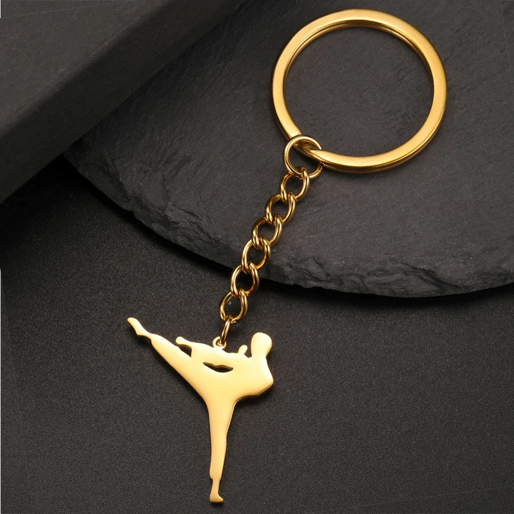 My Shape Taekwondo High Kick Keychains for Men Stainless Steel Sports Charm Karate Jiu Jitsu Keyring Jewelry Male Boys Gym Gifts