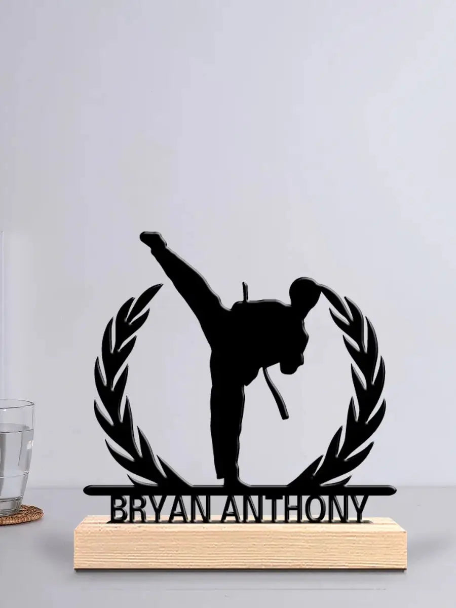 1pc Modern Taekwondo Customized Letter Iron Statue With Wood Base Iron Ornament  Metal Sculpture With Wood Base  Home Table