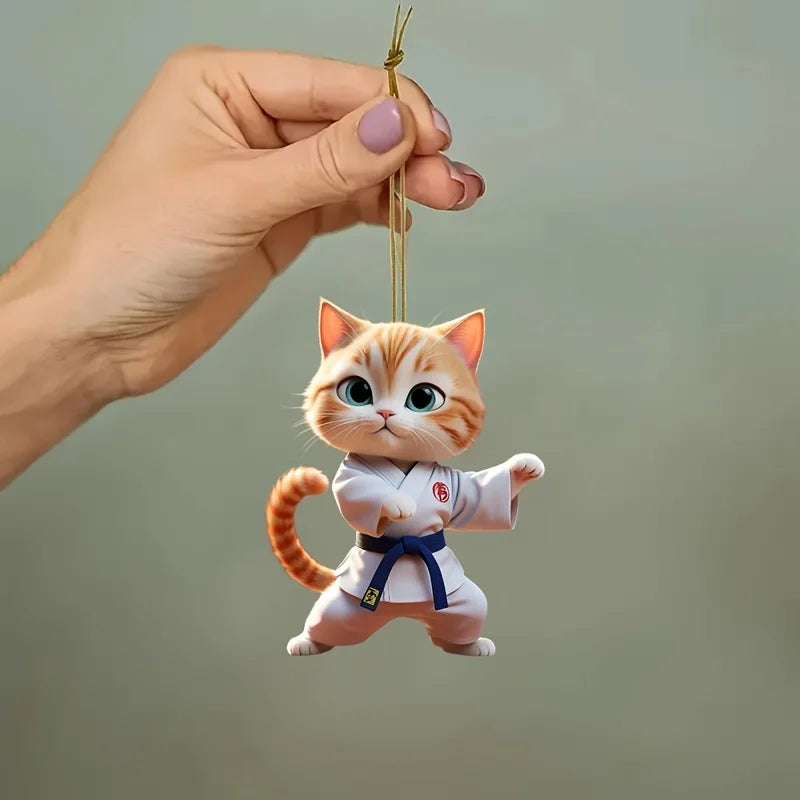 2D Cartoon Judo Kitten Keychain Cute Dressed Cat Pendant Unique Flat Acrylic Hanging Charm,Decor for Car,Bags,Festive,Party,Gift