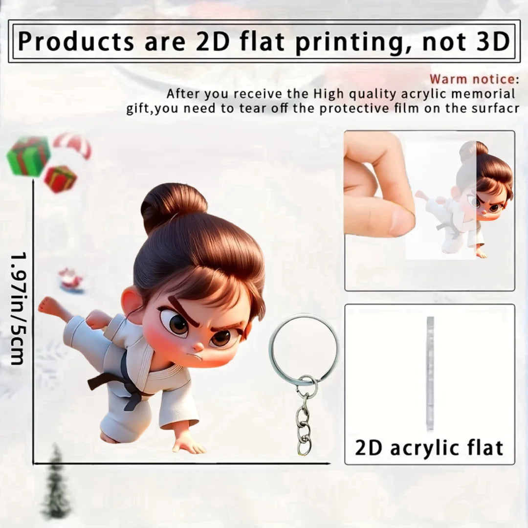 Cute Karate Girl Pendant Keychain,Sports Theme 2D Flat Acrylic Ornament Charms,Hanging Decoration for Car,Bag,Festive,Party,Gift
