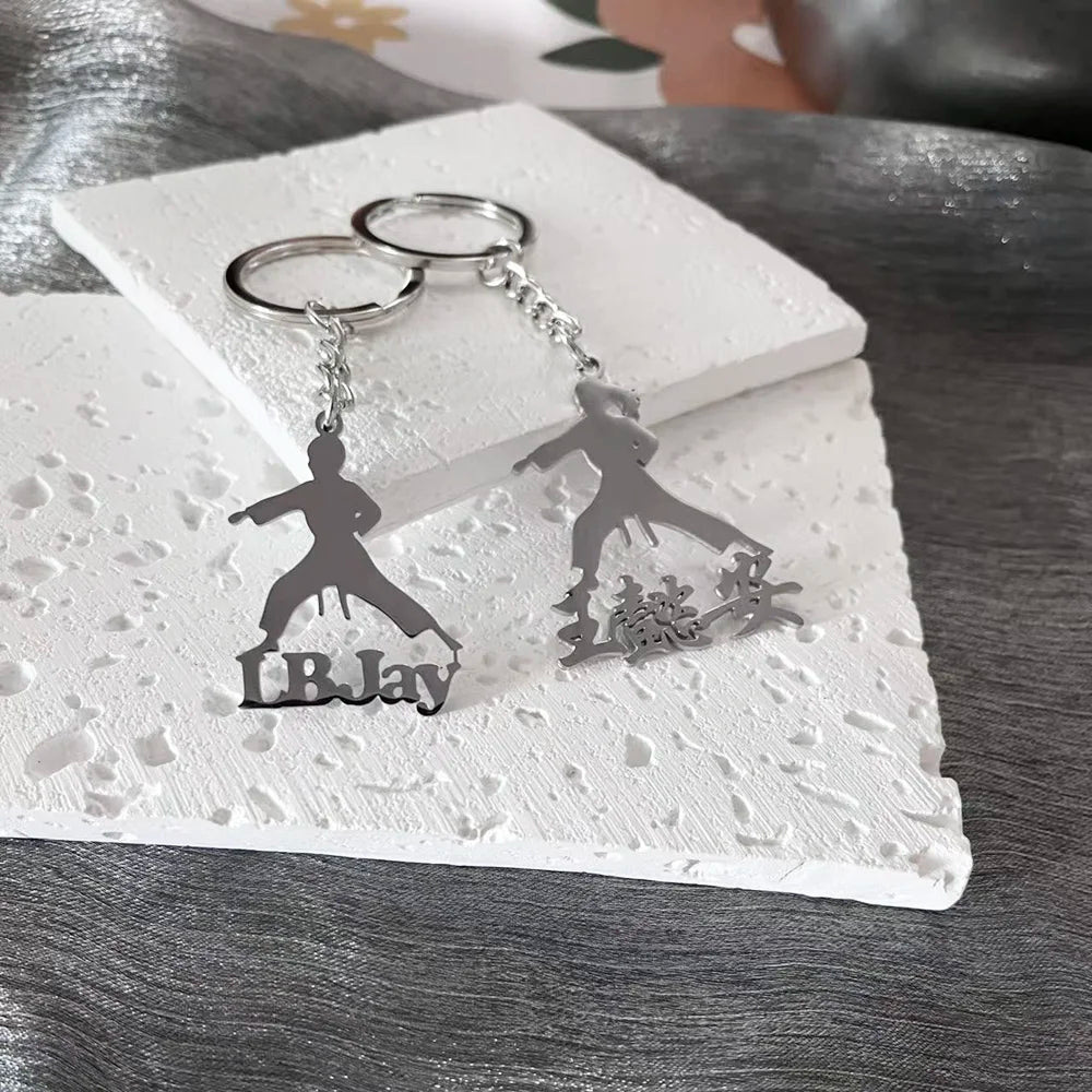Personalized Name Action Keychain Customized Jewelry Taekwondo Actions Stainless Steel Keychain Gifts for Teachers Students