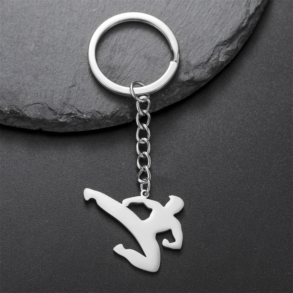My Shape Taekwondo High Kick Keychains for Men Stainless Steel Sports Charm Karate Jiu Jitsu Keyring Jewelry Male Boys Gym Gifts