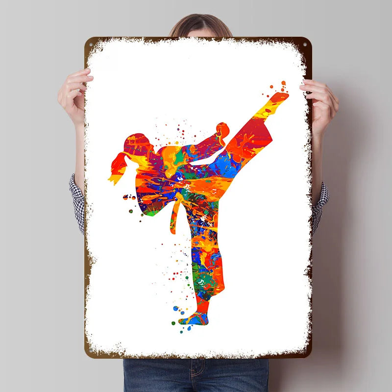 Watercolor Taekwondo Metal Poster Customized Wall Art Retro Vintage Tinplate Signs for Man Cave Bedroom Decoration Gaming House