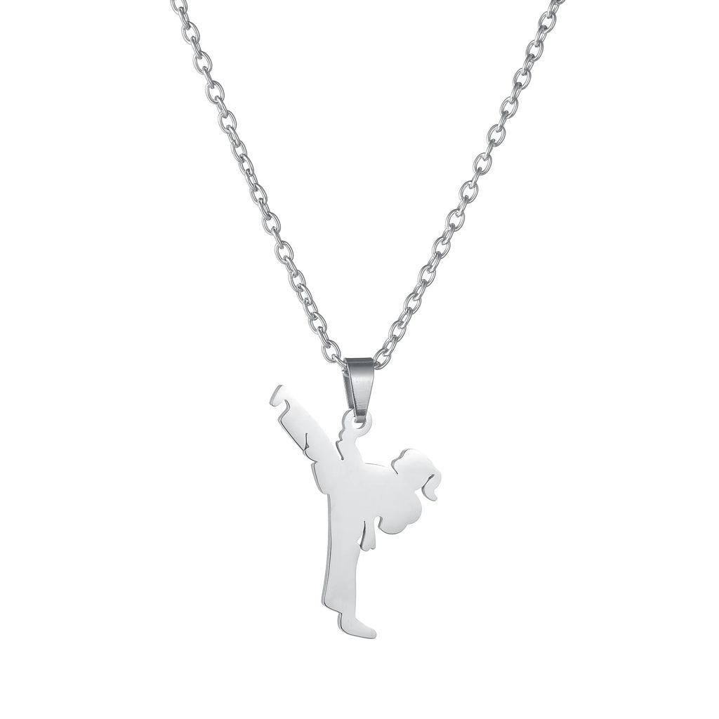 Taekwondo Kongfu Fight Figure Women Pendant Necklace Stainless Steel Karate Fight Chain Necklace Jewelry for Sportsman