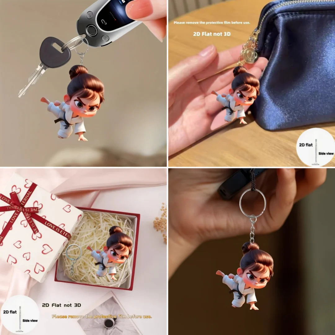 Cute Karate Girl Pendant Keychain,Sports Theme 2D Flat Acrylic Ornament Charms,Hanging Decoration for Car,Bag,Festive,Party,Gift