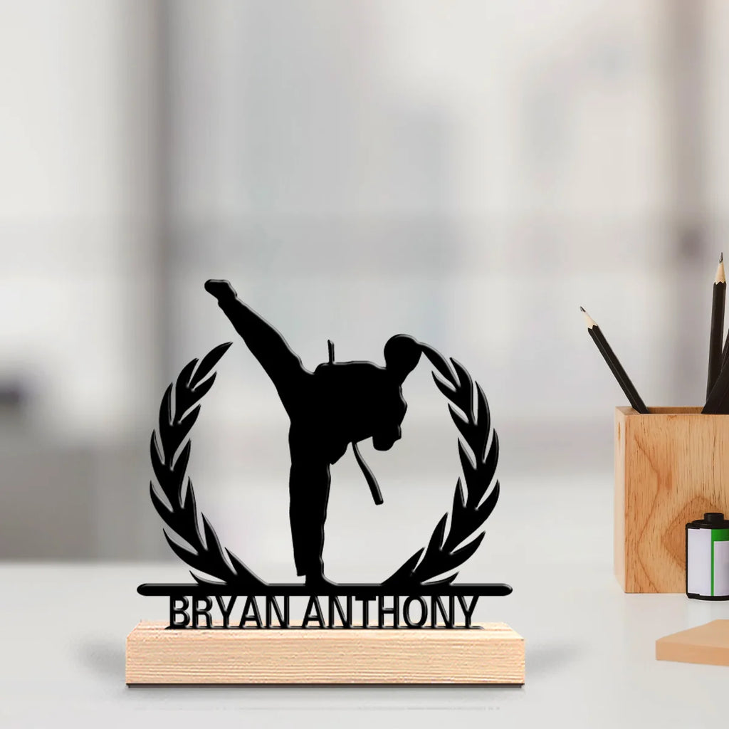 1pc Modern Taekwondo Customized Letter Iron Statue With Wood Base Iron Ornament  Metal Sculpture With Wood Base  Home Table