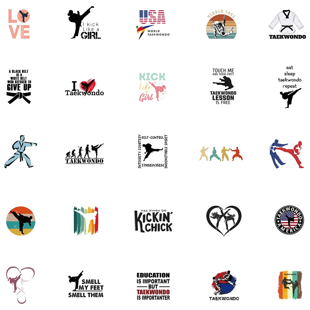 50pcs Funny Cartoon Taekwondo Stickers For Luggage Laptop Phone Waterbottle Waterproof Graffiti Bicycle Car Decals Kids Toy