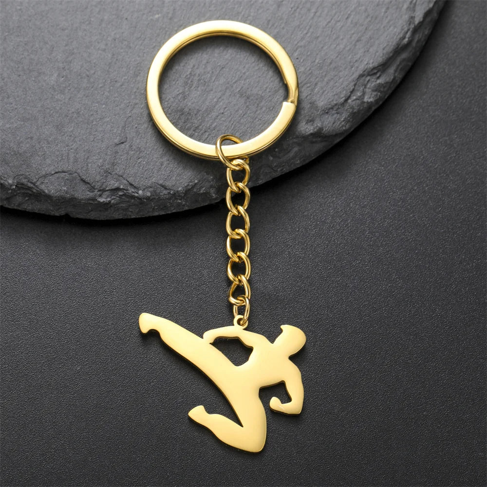 My Shape Taekwondo High Kick Keychains for Men Stainless Steel Sports Charm Karate Jiu Jitsu Keyring Jewelry Male Boys Gym Gifts