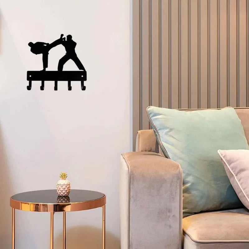 Karate Sparring Sport - Key Hooks Holder - 6 inch Wide Metal Wall Art Hook for Wall, Iron Art, Coat Hanger，Storage Rack