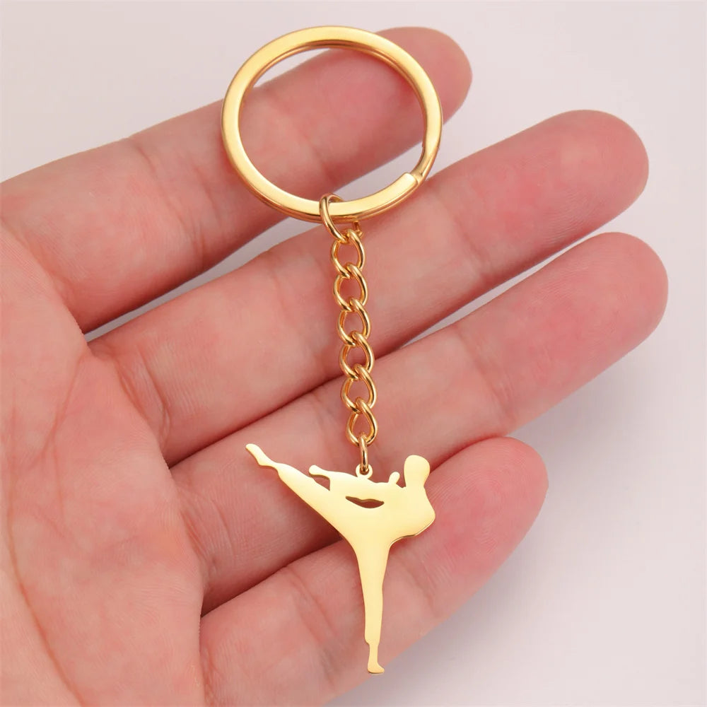 My Shape Taekwondo High Kick Keychains for Men Stainless Steel Sports Charm Karate Jiu Jitsu Keyring Jewelry Male Boys Gym Gifts