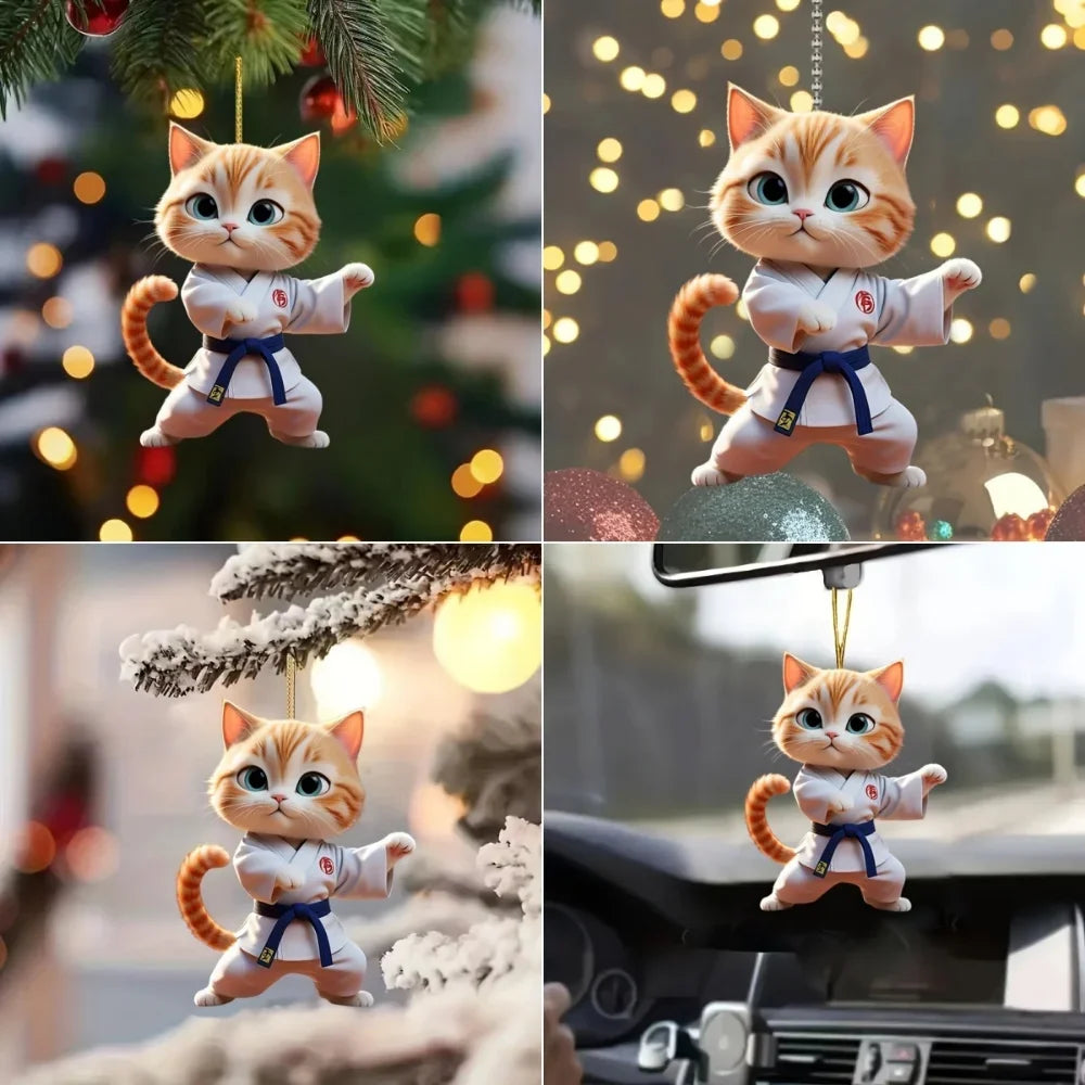 2D Cartoon Judo Kitten Keychain Cute Dressed Cat Pendant Unique Flat Acrylic Hanging Charm,Decor for Car,Bags,Festive,Party,Gift