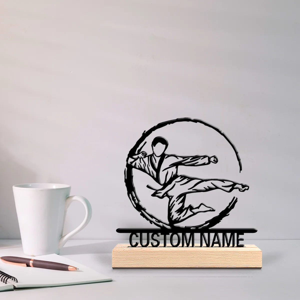 1pc Fashion Personalized Custom Karate Metal Statues Metal Art With Wooden Base Perfect For Bedrooms, Men, Birthday Gifts, Deskt
