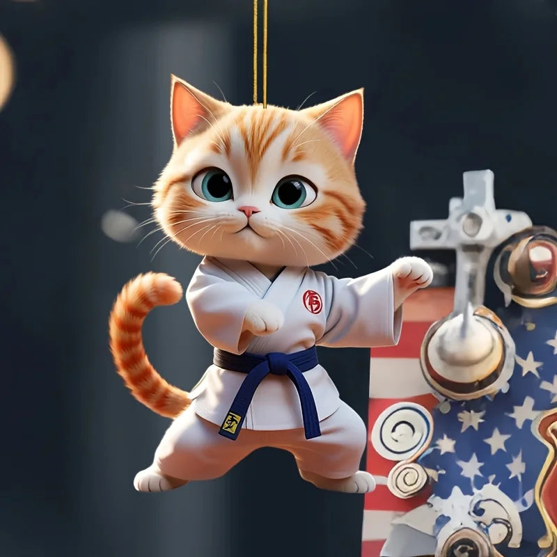2D Cartoon Judo Kitten Keychain Cute Dressed Cat Pendant Unique Flat Acrylic Hanging Charm,Decor for Car,Bags,Festive,Party,Gift