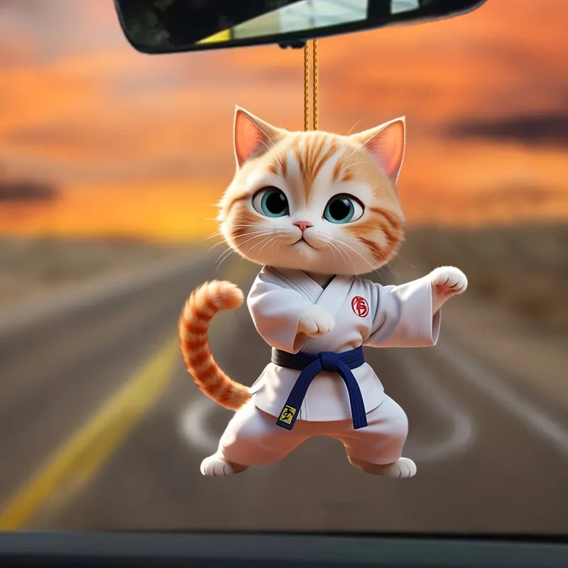 2D Cartoon Judo Kitten Keychain Cute Dressed Cat Pendant Unique Flat Acrylic Hanging Charm,Decor for Car,Bags,Festive,Party,Gift