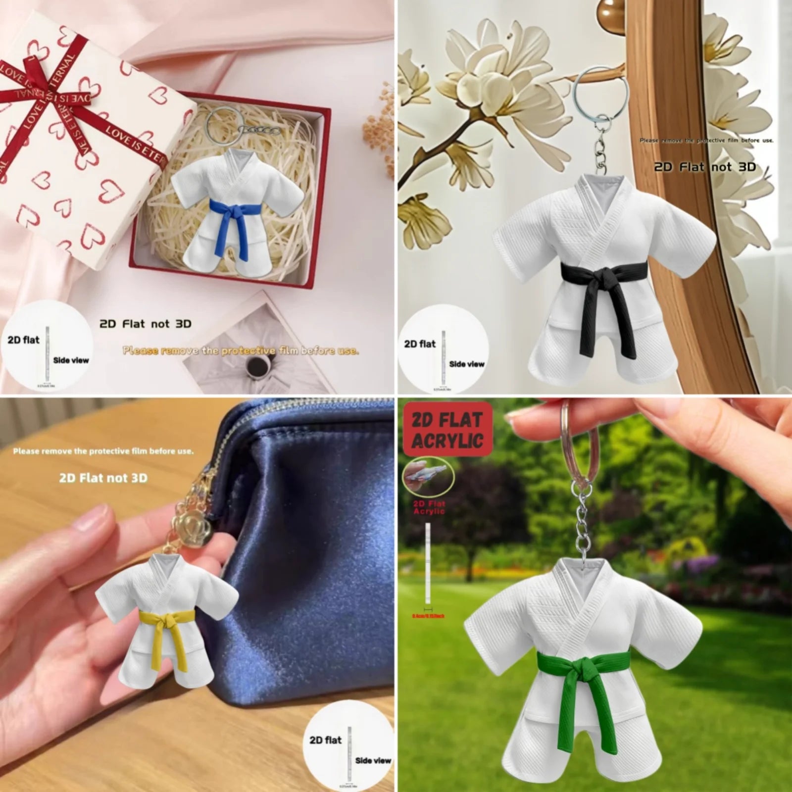 Taekwondo Uniform with Belt Pendant Keychain,Sports Theme 2D Flat Acrylic Ornament,Hanging Decoration for Bag,Festive,Party,Gift