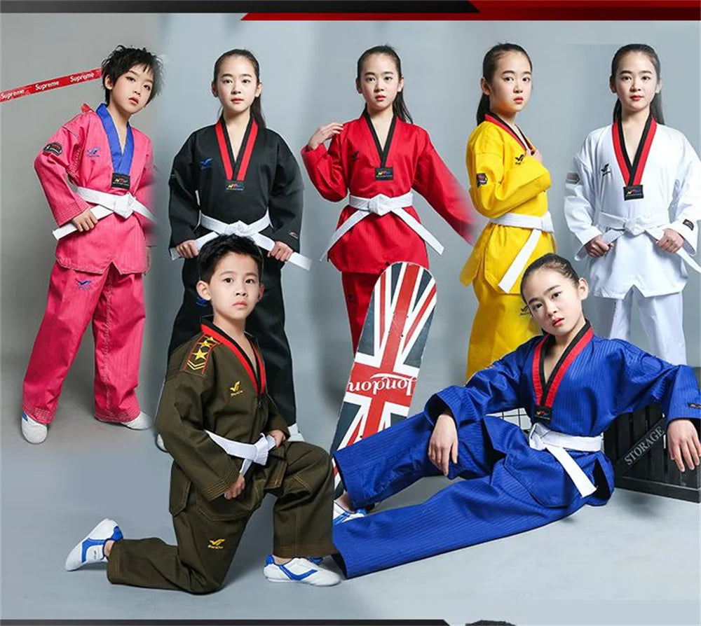 Taekwondo Uniform For Children's And Adult Long-Sleeved Training Suit Performance Dobok Black Red Yellow Pink Green