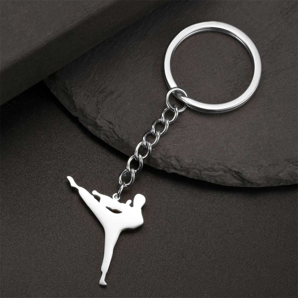 My Shape Taekwondo High Kick Keychains for Men Stainless Steel Sports Charm Karate Jiu Jitsu Keyring Jewelry Male Boys Gym Gifts