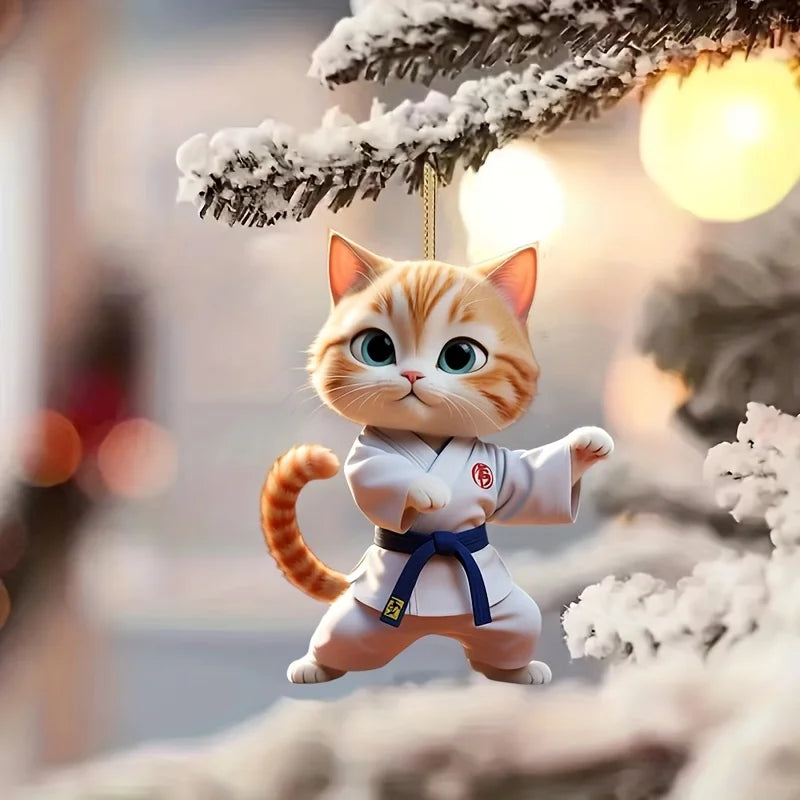 2D Cartoon Judo Kitten Keychain Cute Dressed Cat Pendant Unique Flat Acrylic Hanging Charm,Decor for Car,Bags,Festive,Party,Gift