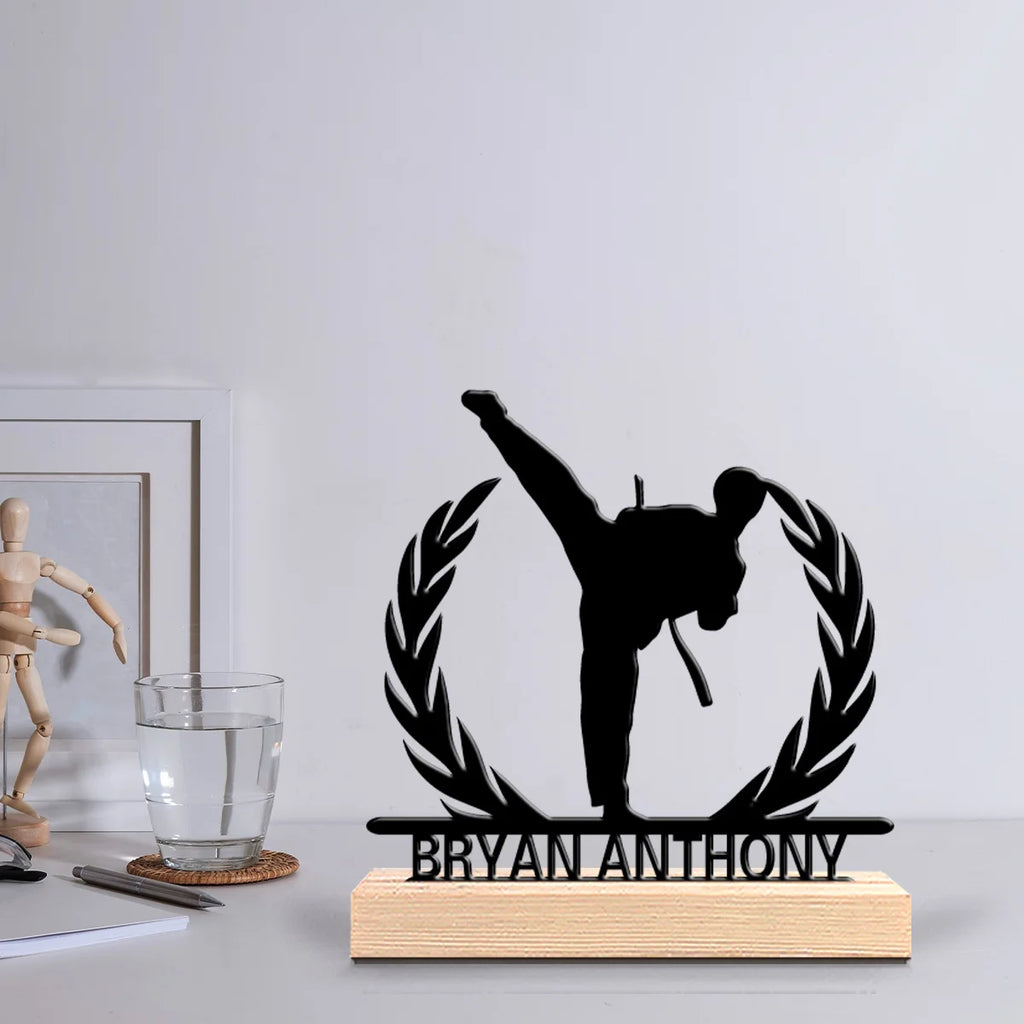 1pc Modern Taekwondo Customized Letter Iron Statue With Wood Base Iron Ornament  Metal Sculpture With Wood Base  Home Table