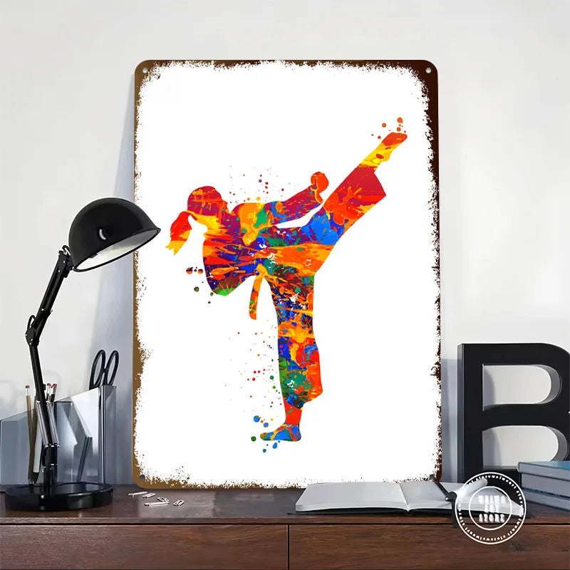 Watercolor Taekwondo Metal Poster Customized Wall Art Retro Vintage Tinplate Signs for Man Cave Bedroom Decoration Gaming House