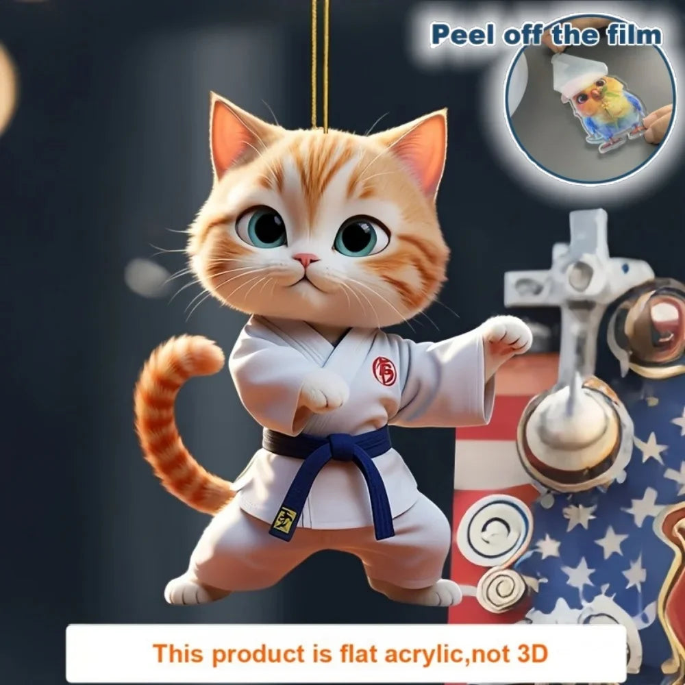 2D Cartoon Judo Kitten Keychain Cute Dressed Cat Pendant Unique Flat Acrylic Hanging Charm,Decor for Car,Bags,Festive,Party,Gift