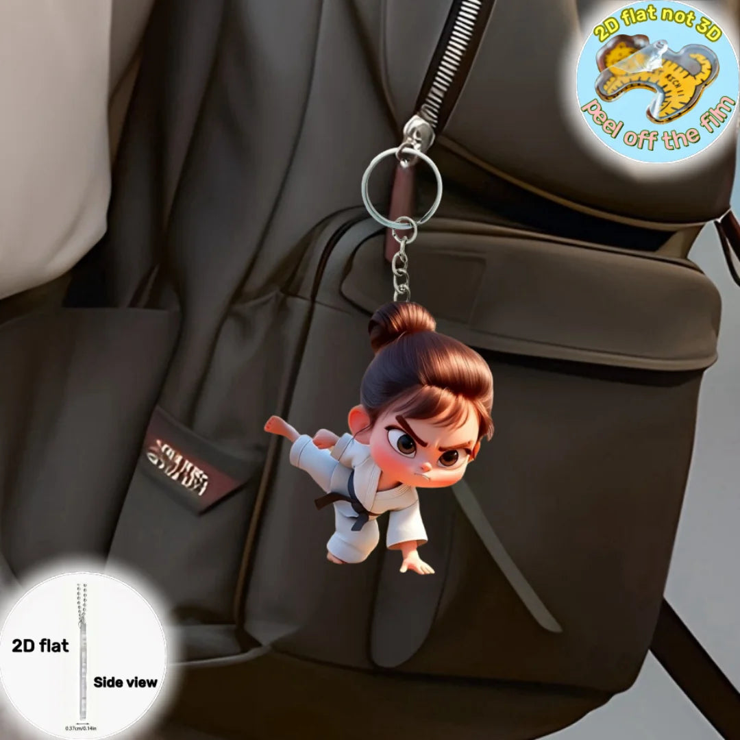 Cute Karate Girl Pendant Keychain,Sports Theme 2D Flat Acrylic Ornament Charms,Hanging Decoration for Car,Bag,Festive,Party,Gift