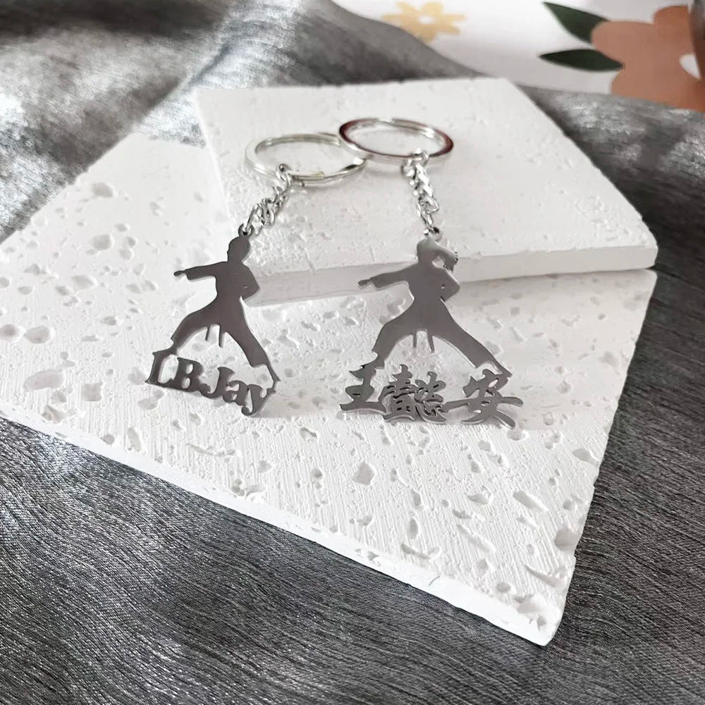 Personalized Name Action Keychain Customized Jewelry Taekwondo Actions Stainless Steel Keychain Gifts for Teachers Students