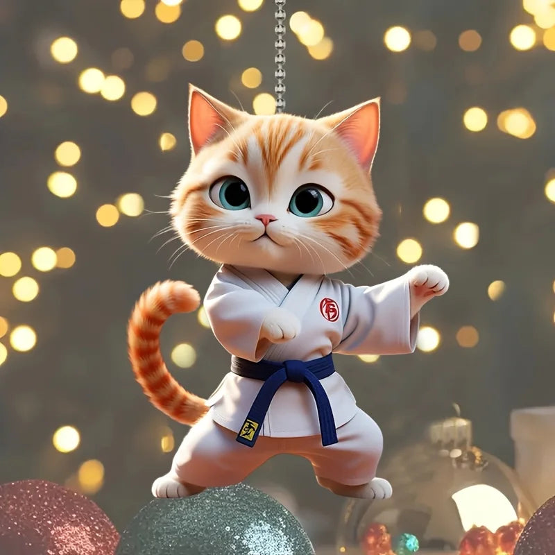 2D Cartoon Judo Kitten Keychain Cute Dressed Cat Pendant Unique Flat Acrylic Hanging Charm,Decor for Car,Bags,Festive,Party,Gift