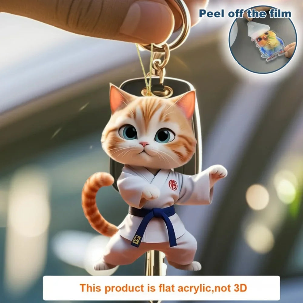 2D Cartoon Judo Kitten Keychain Cute Dressed Cat Pendant Unique Flat Acrylic Hanging Charm,Decor for Car,Bags,Festive,Party,Gift