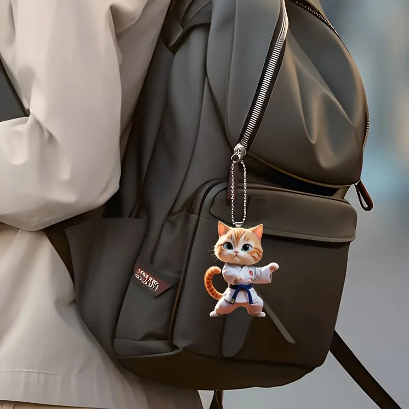 2D Cartoon Judo Kitten Keychain Cute Dressed Cat Pendant Unique Flat Acrylic Hanging Charm,Decor for Car,Bags,Festive,Party,Gift