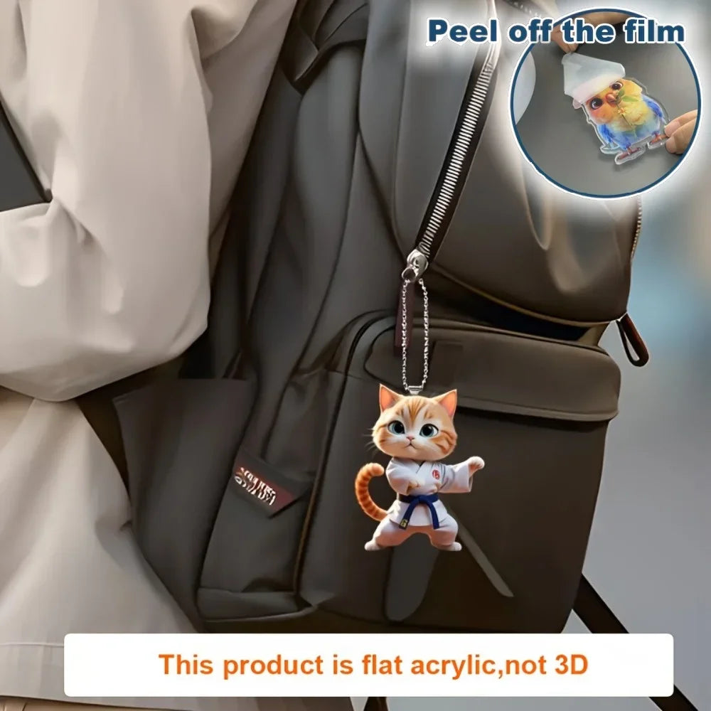 2D Cartoon Judo Kitten Keychain Cute Dressed Cat Pendant Unique Flat Acrylic Hanging Charm,Decor for Car,Bags,Festive,Party,Gift