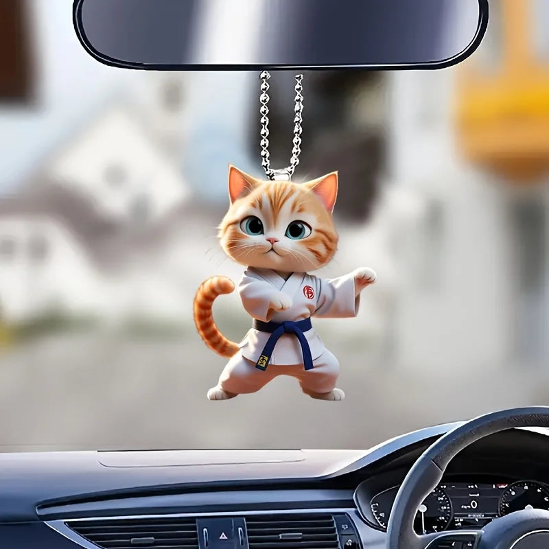 2D Cartoon Judo Kitten Keychain Cute Dressed Cat Pendant Unique Flat Acrylic Hanging Charm,Decor for Car,Bags,Festive,Party,Gift