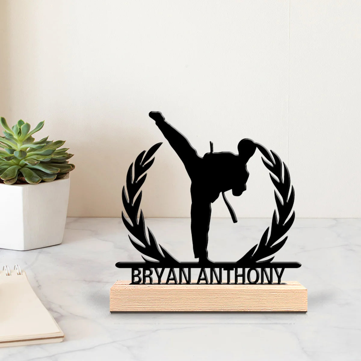 1pc Modern Taekwondo Customized Letter Iron Statue With Wood Base Iron Ornament  Metal Sculpture With Wood Base  Home Table