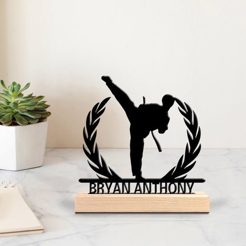 1pc Modern Taekwondo Customized Letter Iron Statue With Wood Base Iron Ornament  Metal Sculpture With Wood Base  Home Table