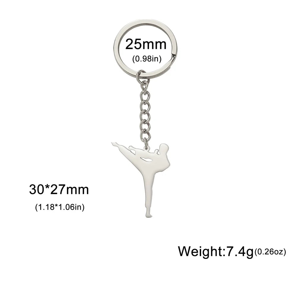 My Shape Taekwondo High Kick Keychains for Men Stainless Steel Sports Charm Karate Jiu Jitsu Keyring Jewelry Male Boys Gym Gifts