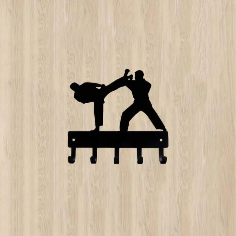 Karate Sparring Sport - Key Hooks Holder - 6 inch Wide Metal Wall Art Hook for Wall, Iron Art, Coat Hanger，Storage Rack