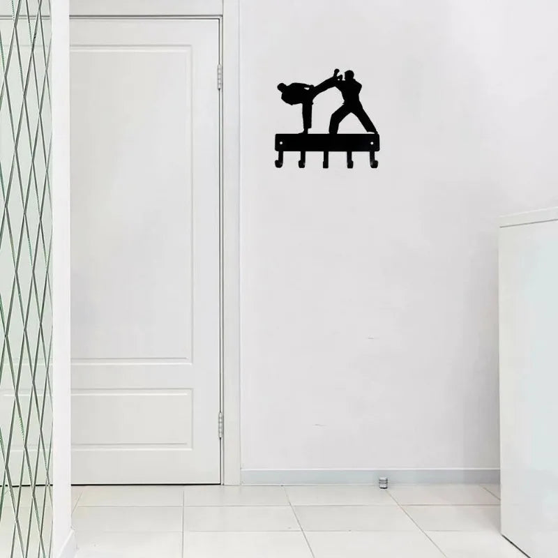 Karate Sparring Sport - Key Hooks Holder - 6 inch Wide Metal Wall Art Hook for Wall, Iron Art, Coat Hanger，Storage Rack
