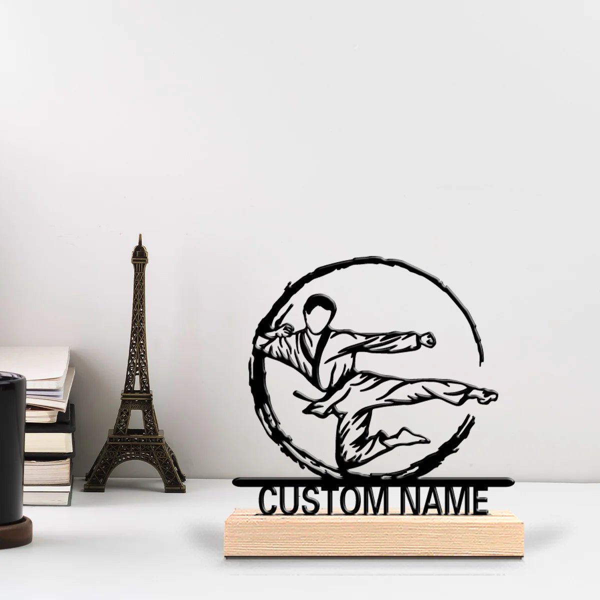 1pc Fashion Personalized Custom Karate Metal Statues Metal Art With Wooden Base Perfect For Bedrooms, Men, Birthday Gifts, Deskt